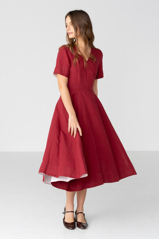 Linen V-Neck Wrap Midi Dress in Red