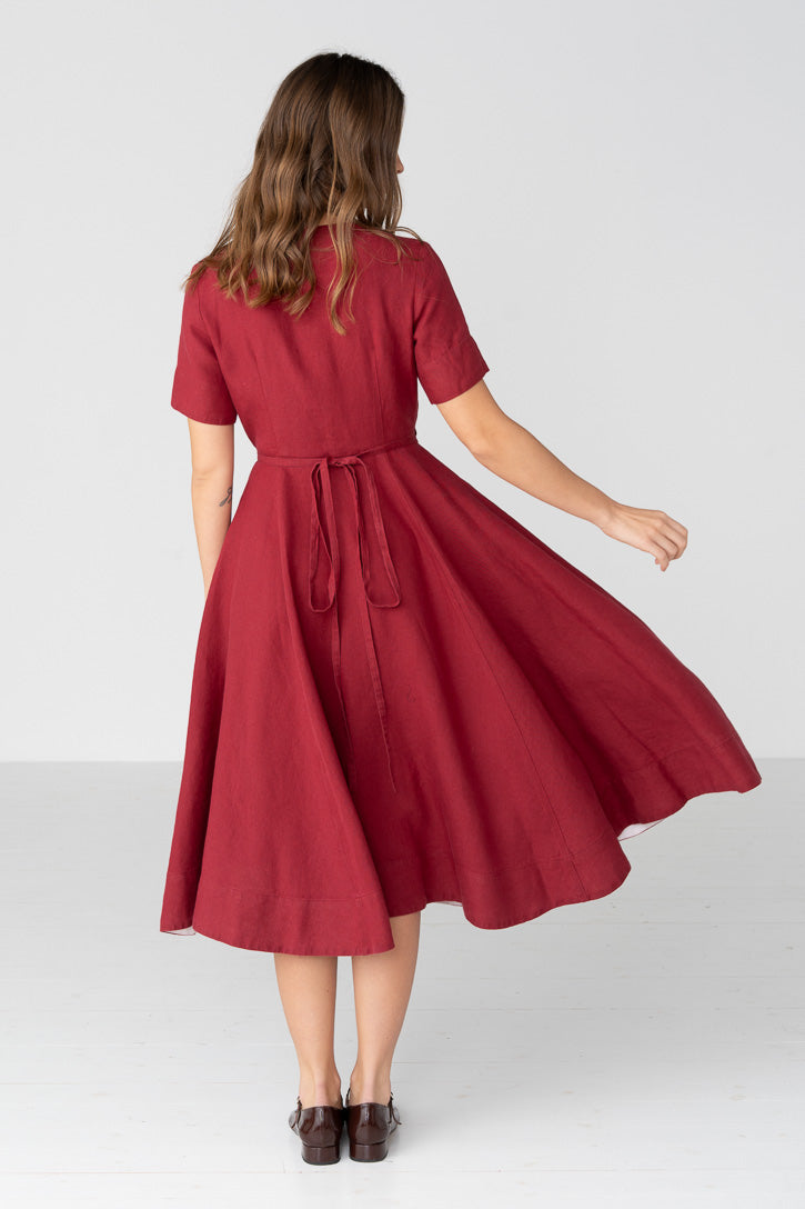 Linen V-Neck Wrap Midi Dress in Green