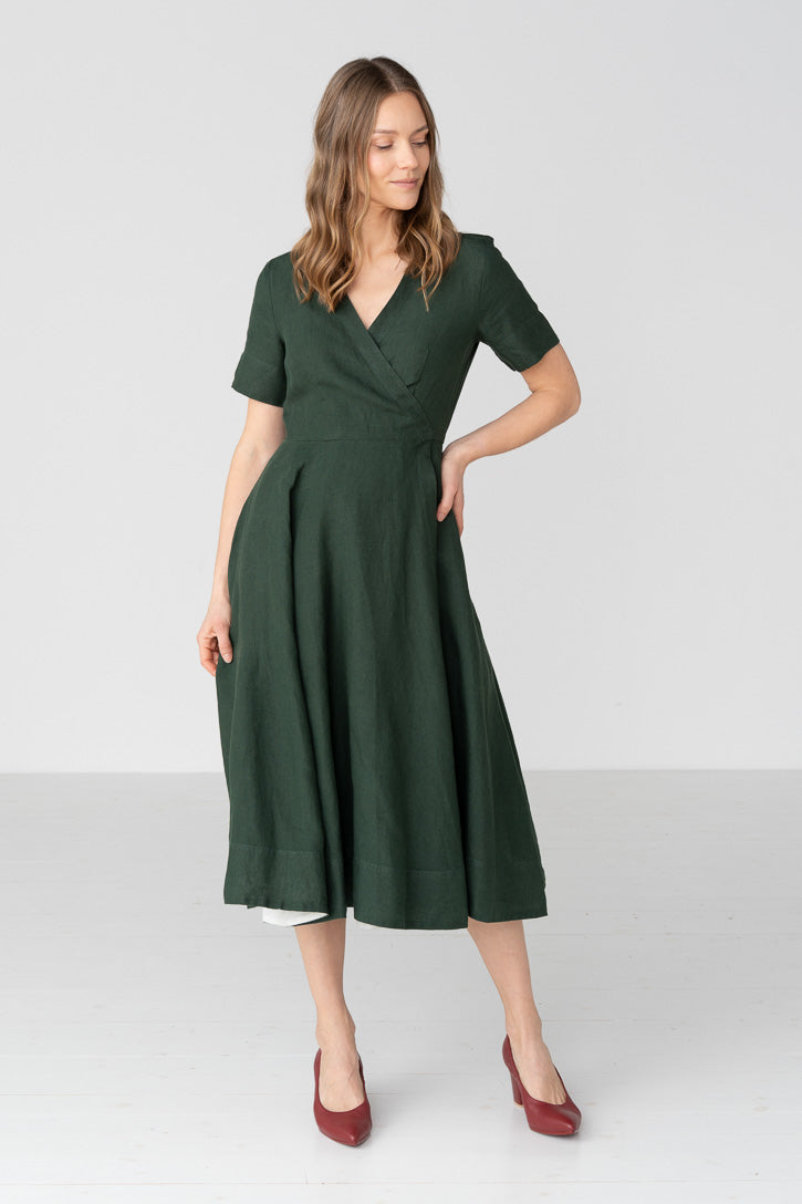 Linen V-Neck Wrap Midi Dress in Green