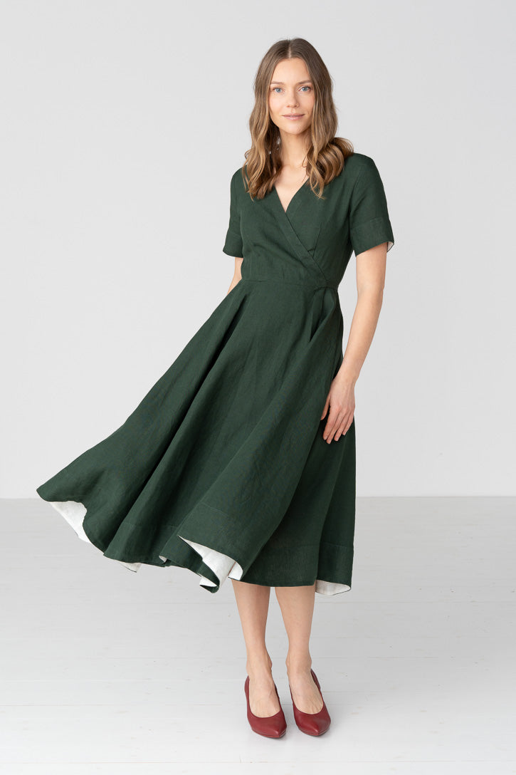 Linen V-Neck Wrap Midi Dress in Green