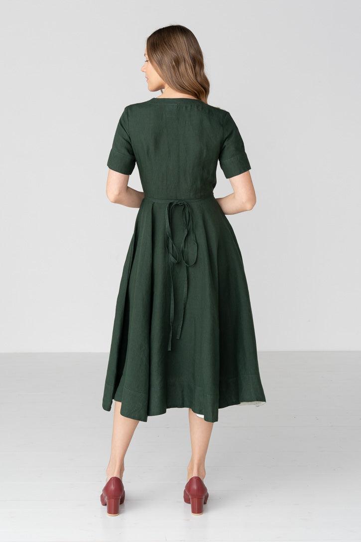 Linen V-Neck Wrap Midi Dress in Green