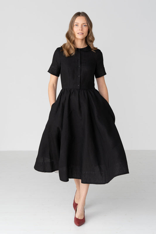 Classic Short Sleeve Linen Dress in Black