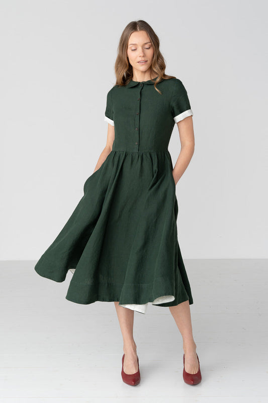 Classic Short Sleeve Linen Dress in Green