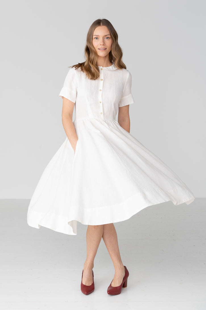 Classic Short Sleeve Linen Dress in White
