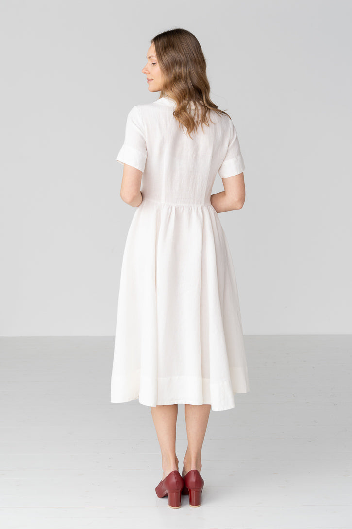 Classic Short Sleeve Linen Dress in White