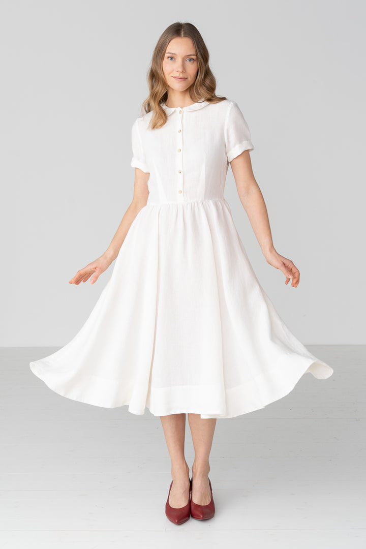 Classic Short Sleeve Linen Dress in White