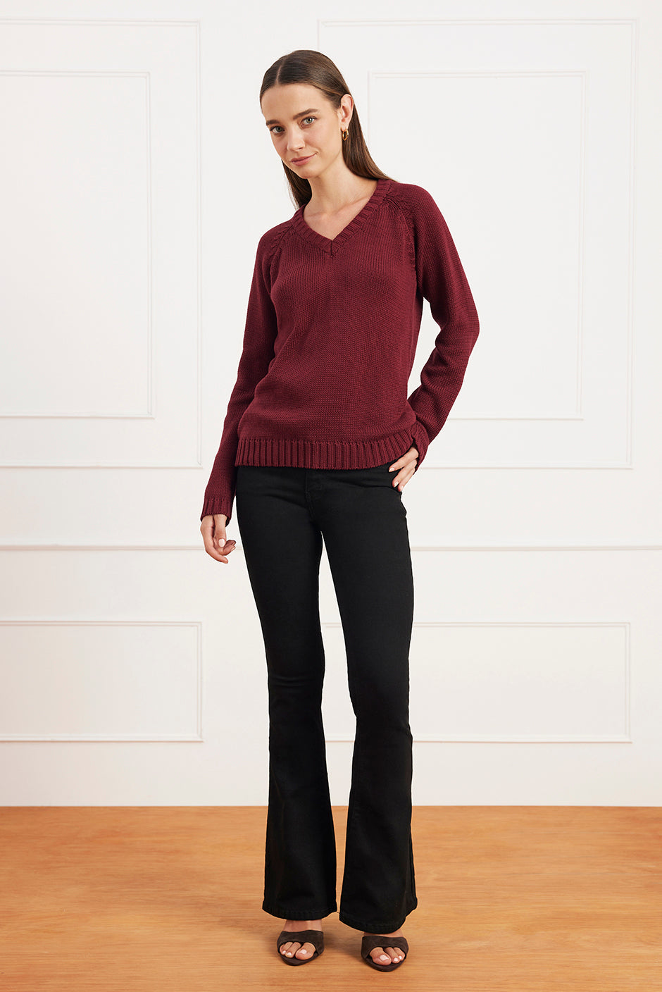 Selene V Neck Cotton Sweater in Midnight Navy