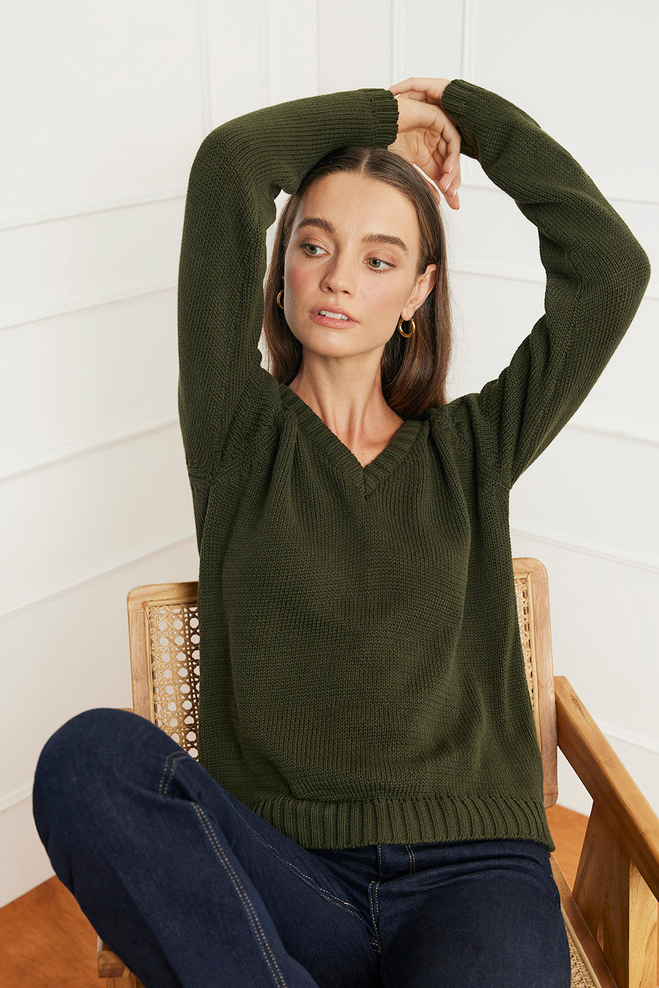 Selene V Neck Cotton Sweater in Midnight Navy