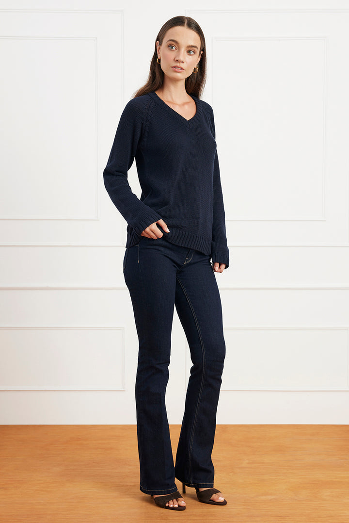 Selene V Neck Cotton Sweater in Midnight Navy
