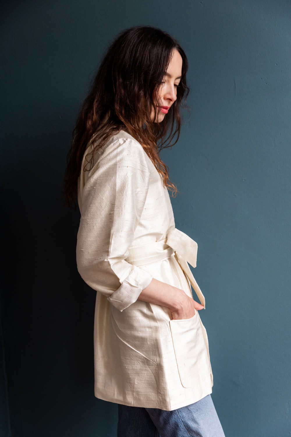 Kamla Wrap Jacket in Raw Silk in Ivory