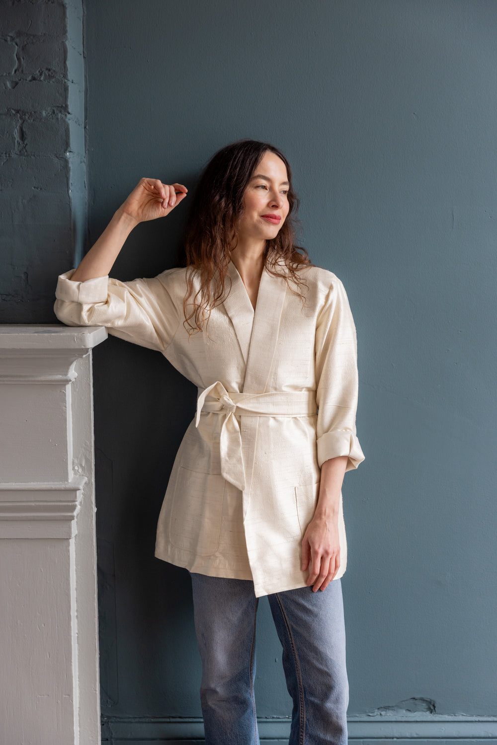 Kamla Wrap Jacket in Raw Silk in Ivory
