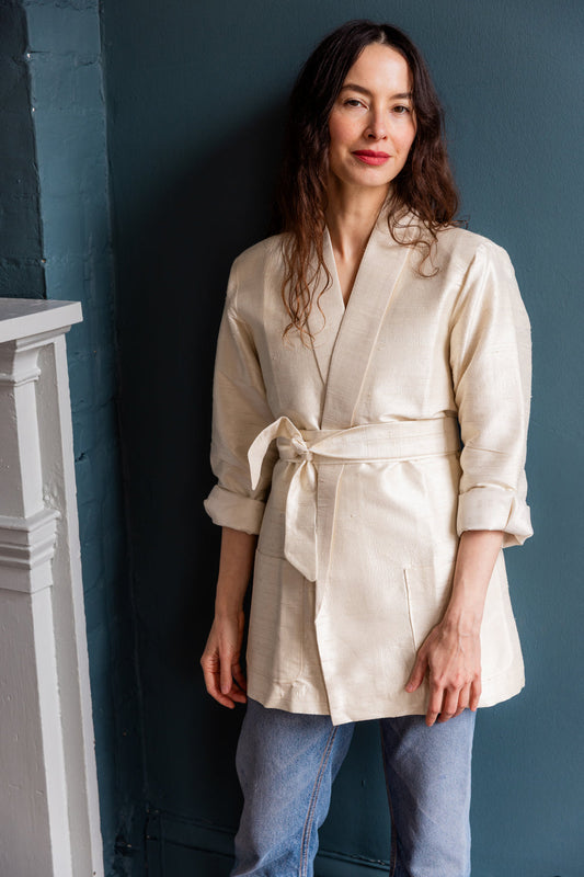 Kamla Wrap Jacket in Raw Silk in Ivory