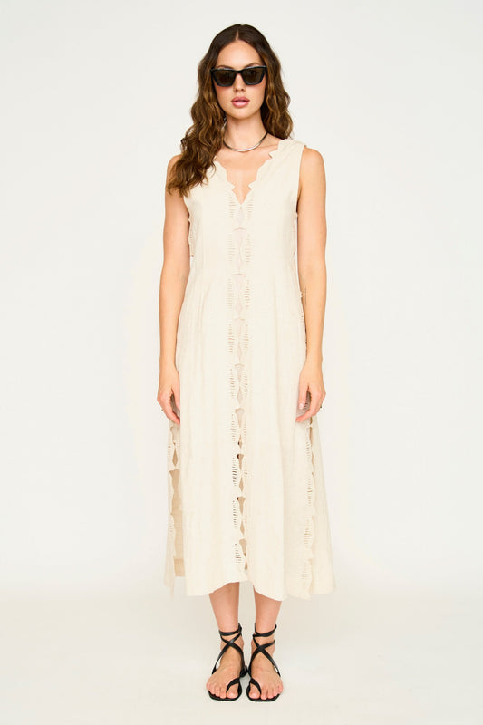 Barcelona Dress in Oat Marine Eyelet