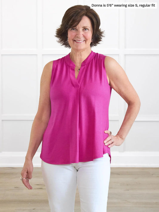 Madrid Sleeveless Band Collar Pleat Blouse Shell in Pink Azalea