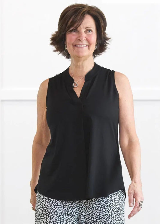 Madrid Sleeveless Band Collar Pleat Blouse Shell in Black