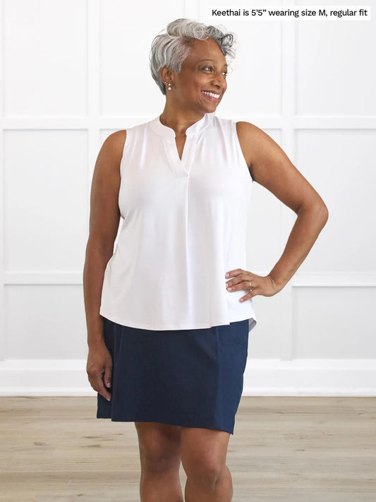 Madrid Sleeveless Band Collar Pleat Blouse Shell in White