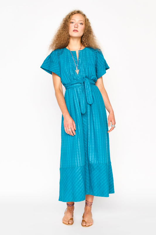 Vienna Pintuck Cotton Dobby Dress in Azure