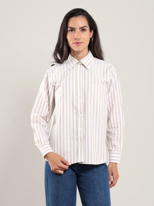 Asim Oxford Button Up in Beige Stripe