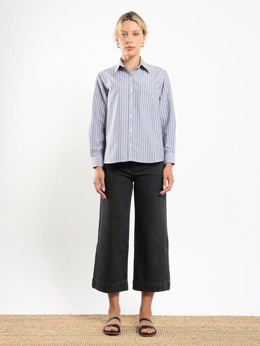 Asim Oxford Button Up in Navy Stripe