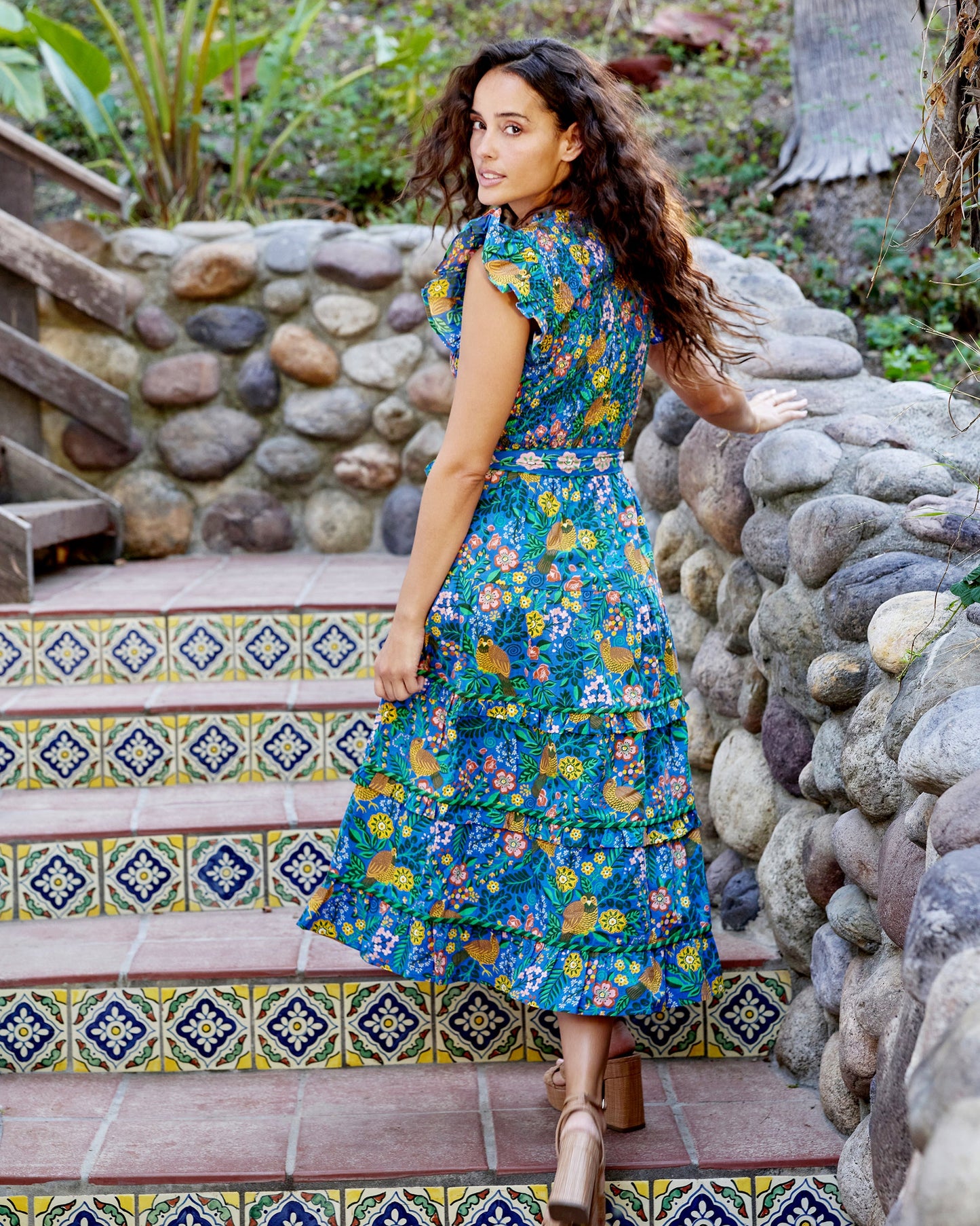 Ready To Ruffle Organic Cotton Dress in Willow Wren Oasis Print
