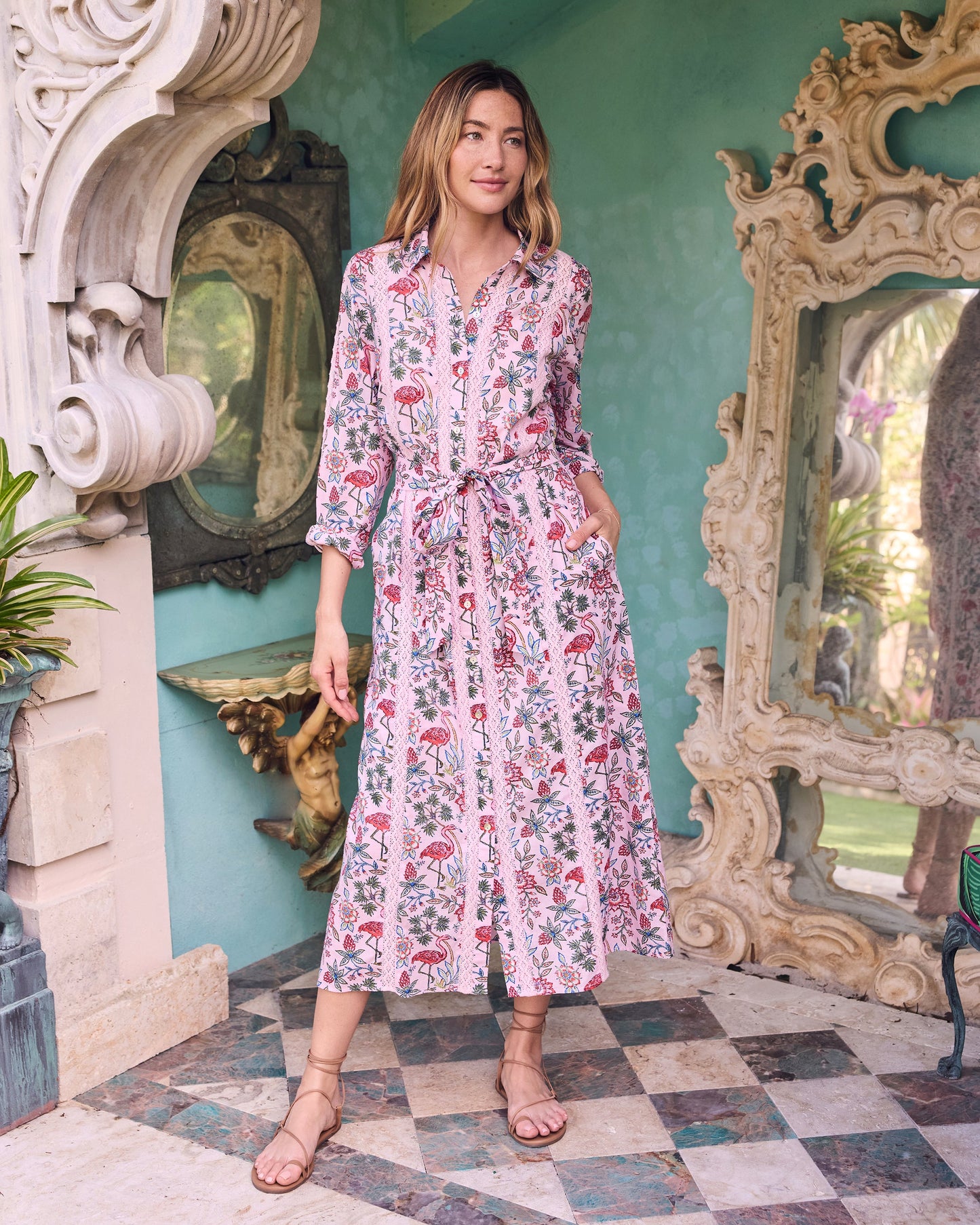Meredith Organic Cotton Dress in Flora Flamingo Print