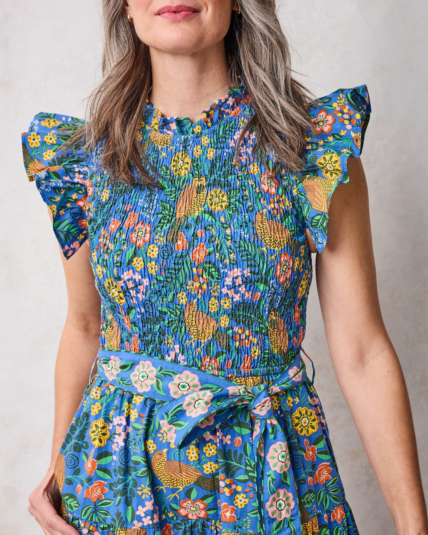 Ready To Ruffle Organic Cotton Dress in Willow Wren Oasis Print