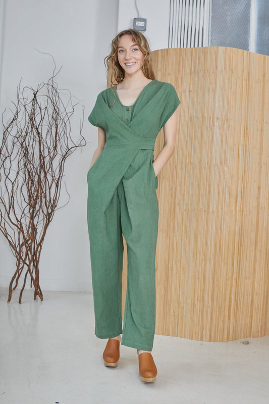 Venus Wrapped Jumpsuit in Cotton and Linen- Green