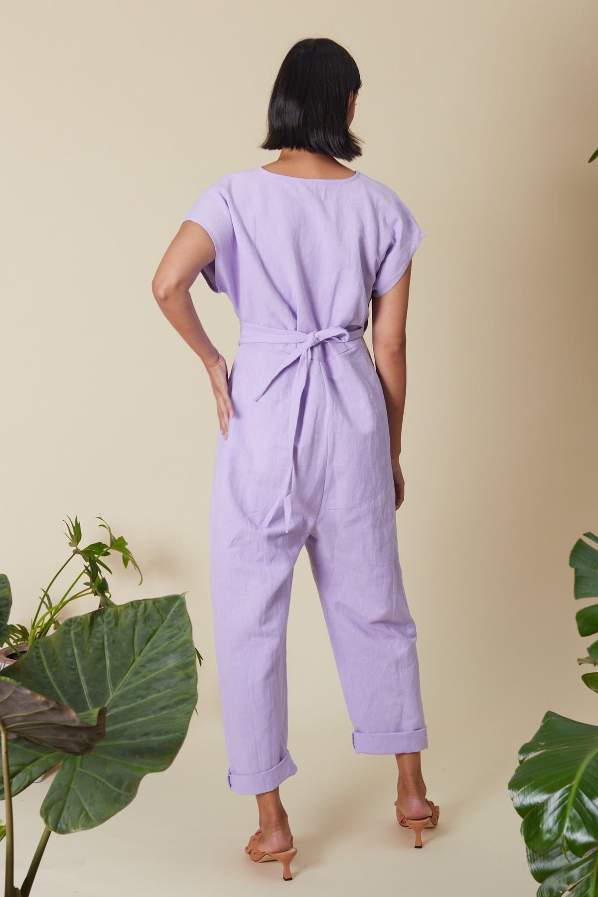 Venus Wrapped Jumpsuit in Cotton and Linen- Black