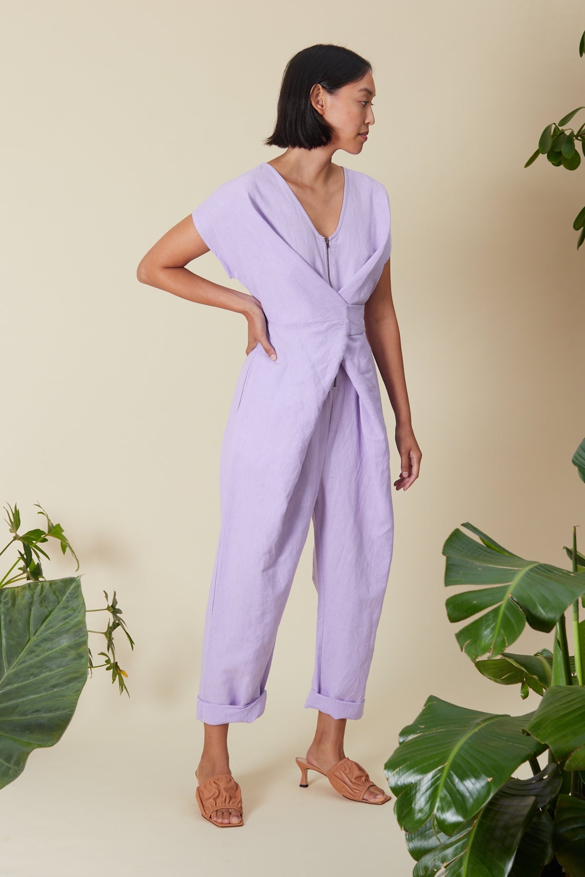 Venus Wrapped Jumpsuit in Cotton and Linen- Black