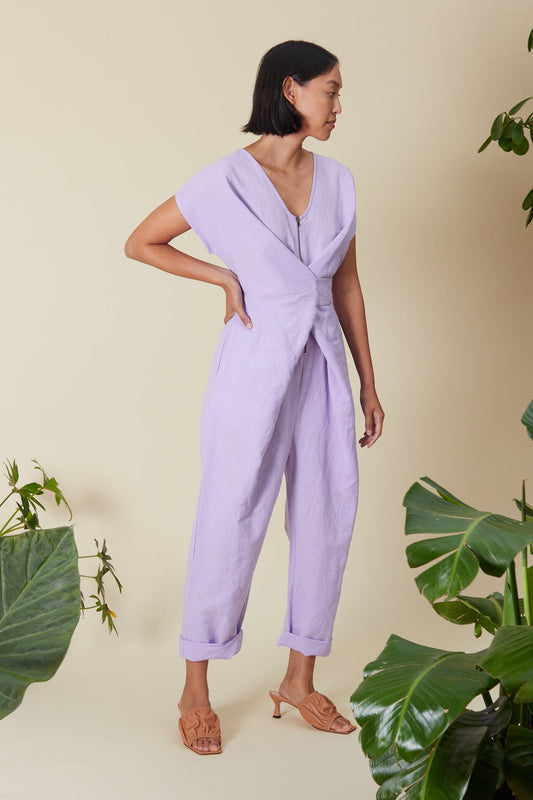 Venus Wrapped Jumpsuit in Cotton and Linen- Lilac
