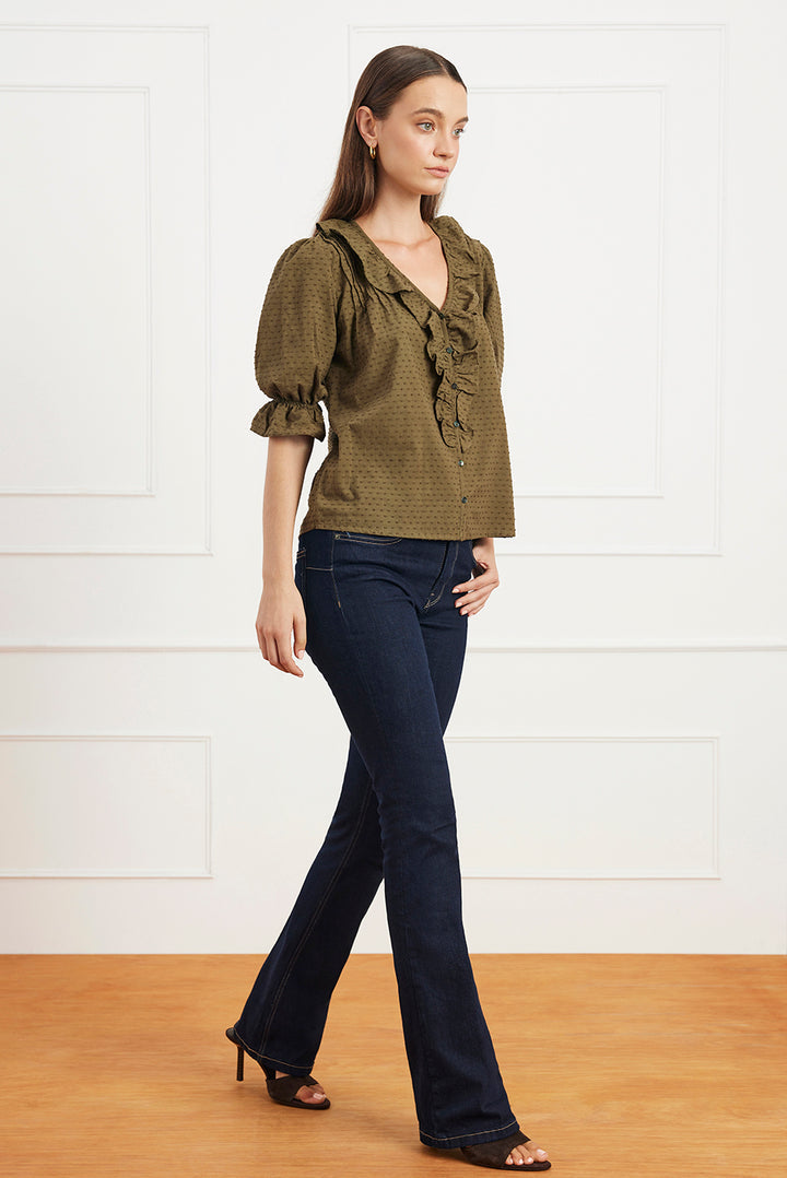 Chloe Cotton Pintucked Shirt in Olive Green