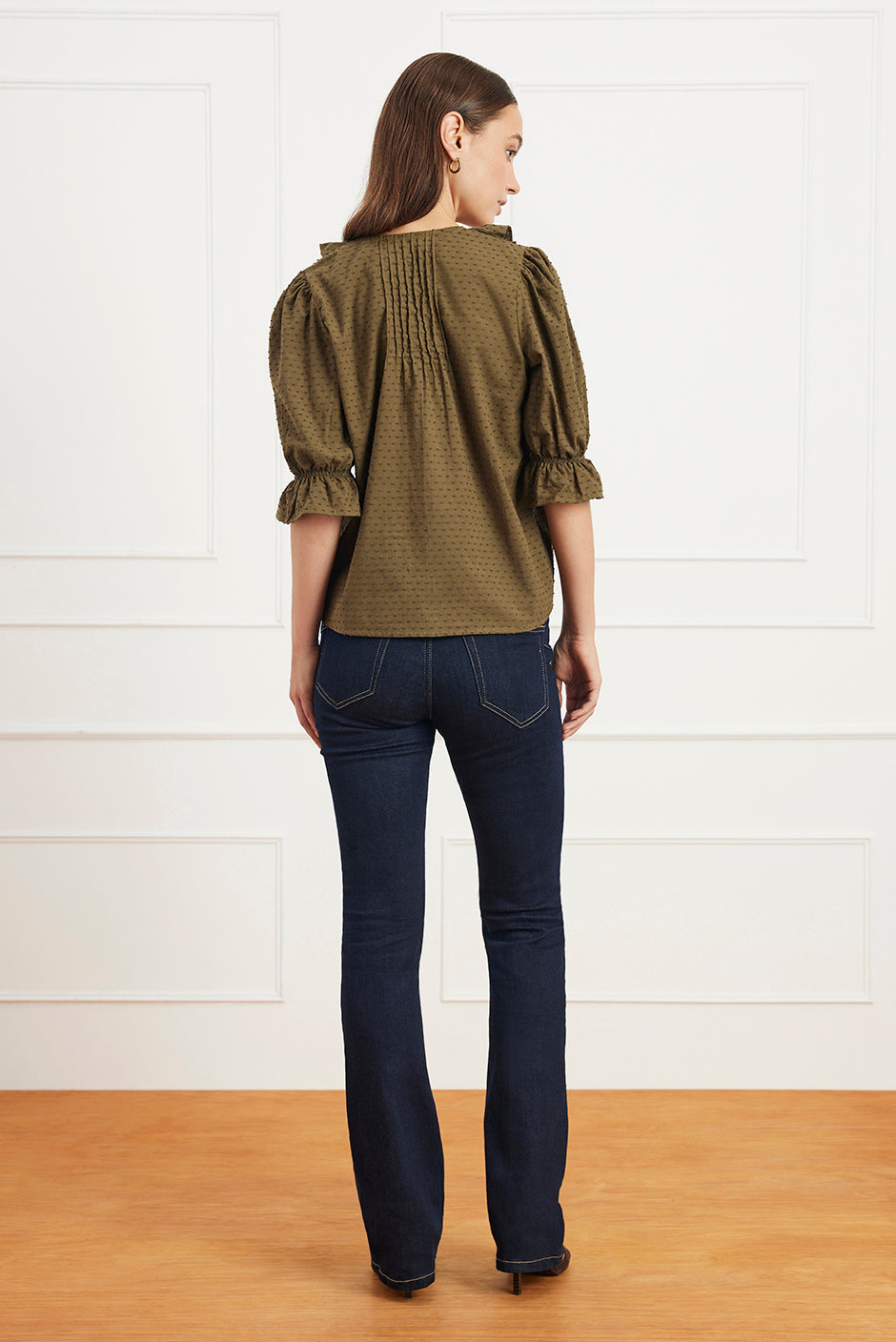 Chloe Cotton Pintucked Shirt in Olive Green