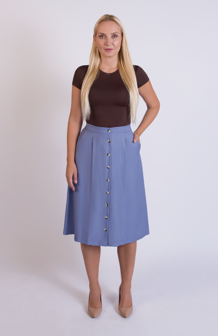 Wool Curvy Midi Skirt in Sky Periwinkle Blue
