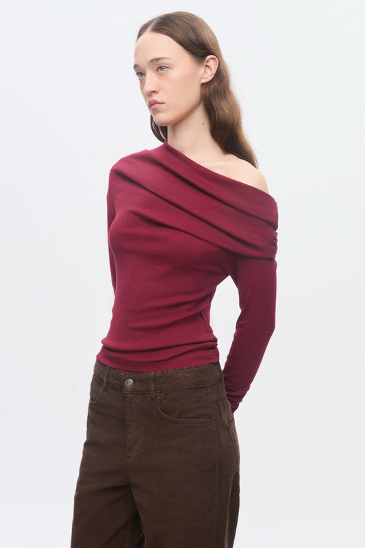 Zahra Cotton and Modal Off Shoulder Long Sleeve Top in Cabernet Red