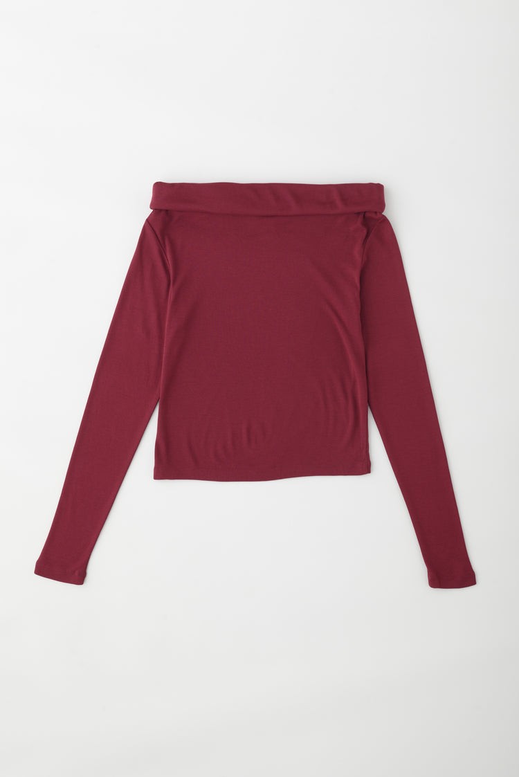 Zahra Cotton and Modal Off Shoulder Long Sleeve Top in Cabernet Red