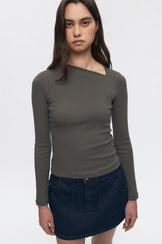 Asymmetric Neckline Blouse in Beluga Gray