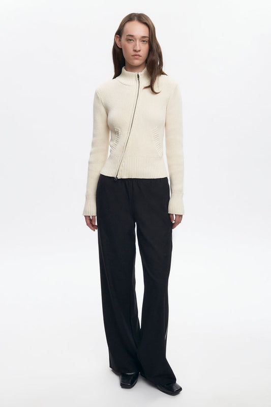 Asymmetric Cotton Zip Sweater in Marshmellow White