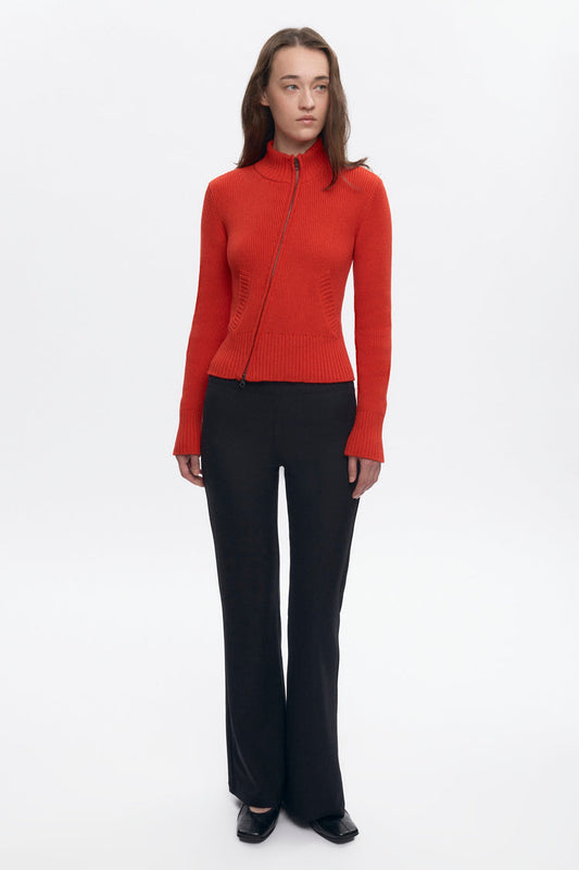Asymmetric Cotton Zip Sweater in Fiery Red