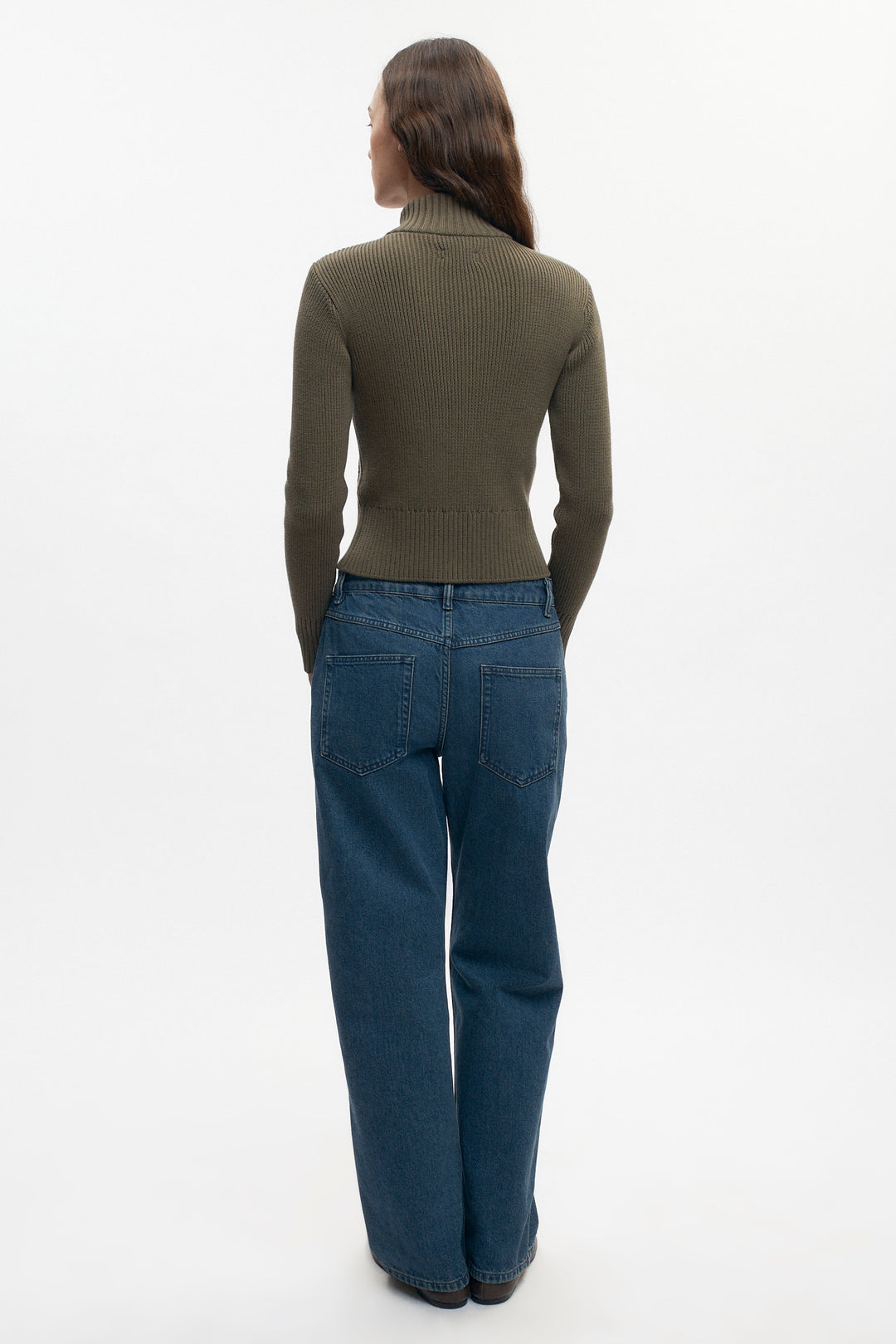 Asymmetric Cotton Zip Sweater in Olive Green