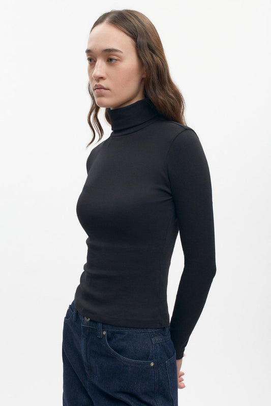 Cotton Fitted Turtleneck in Black