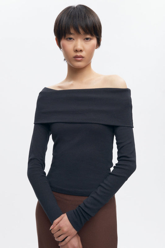 Zahra Cotton and Modal Off Shoulder Long Sleeve Top in Black