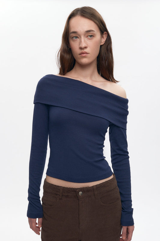 Zahra Cotton and Modal Off Shoulder Long Sleeve Top in Midnight Blue