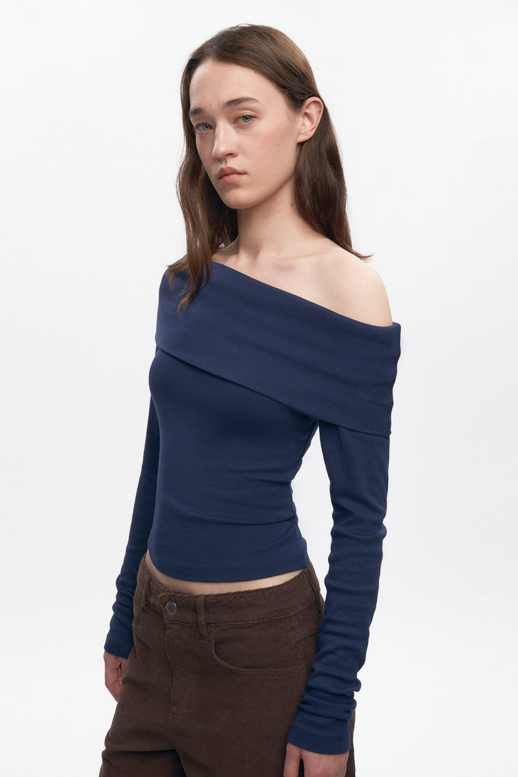 Zahra Cotton and Modal Off Shoulder Long Sleeve Top in Black