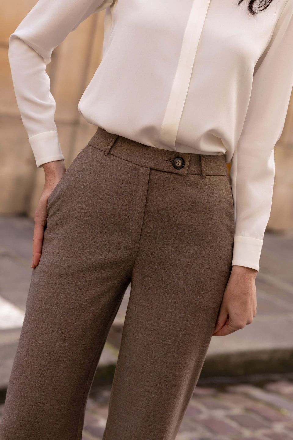 Zoey High Waisted Wool  Lyocell Pants in Coffee Melange Brown