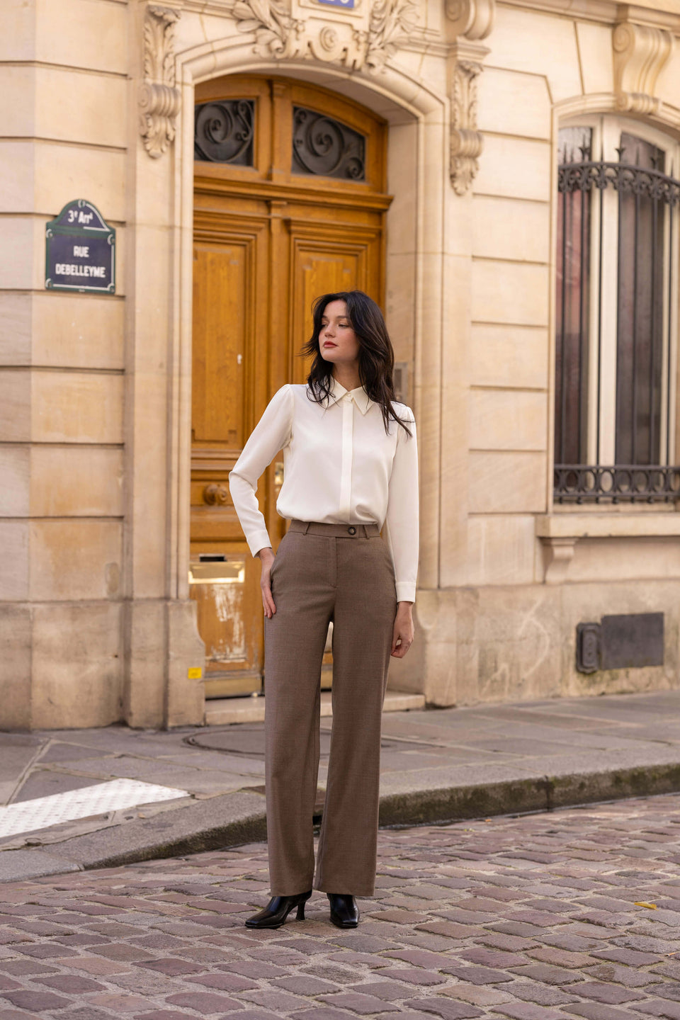 Zoey High Waisted Wool  Lyocell Pants in Coffee Melange Brown