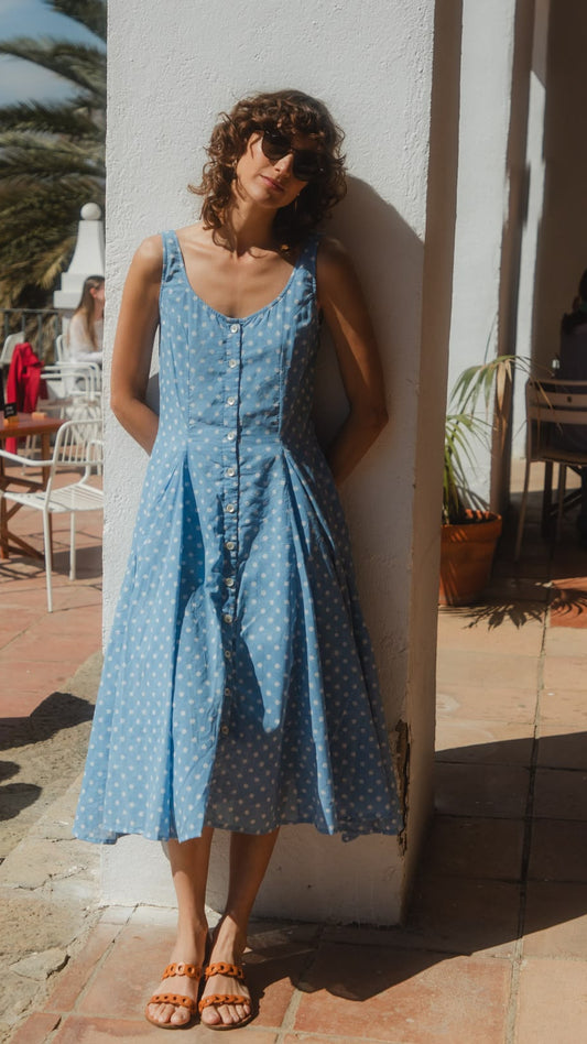 Ines Cotton Dress in French Blue Polka Dot