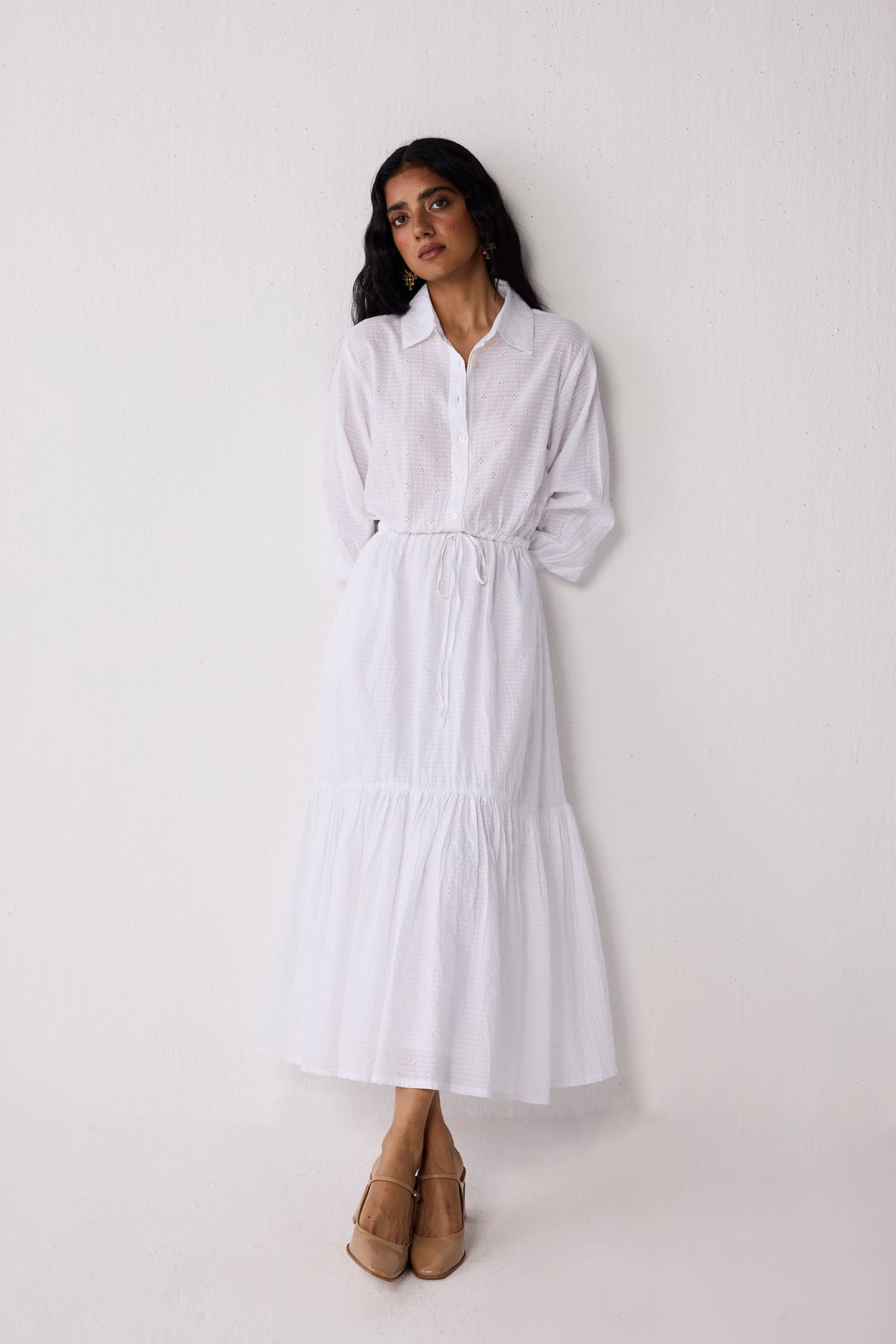 Embroidered Flowy Maxi Tiered Dress in White