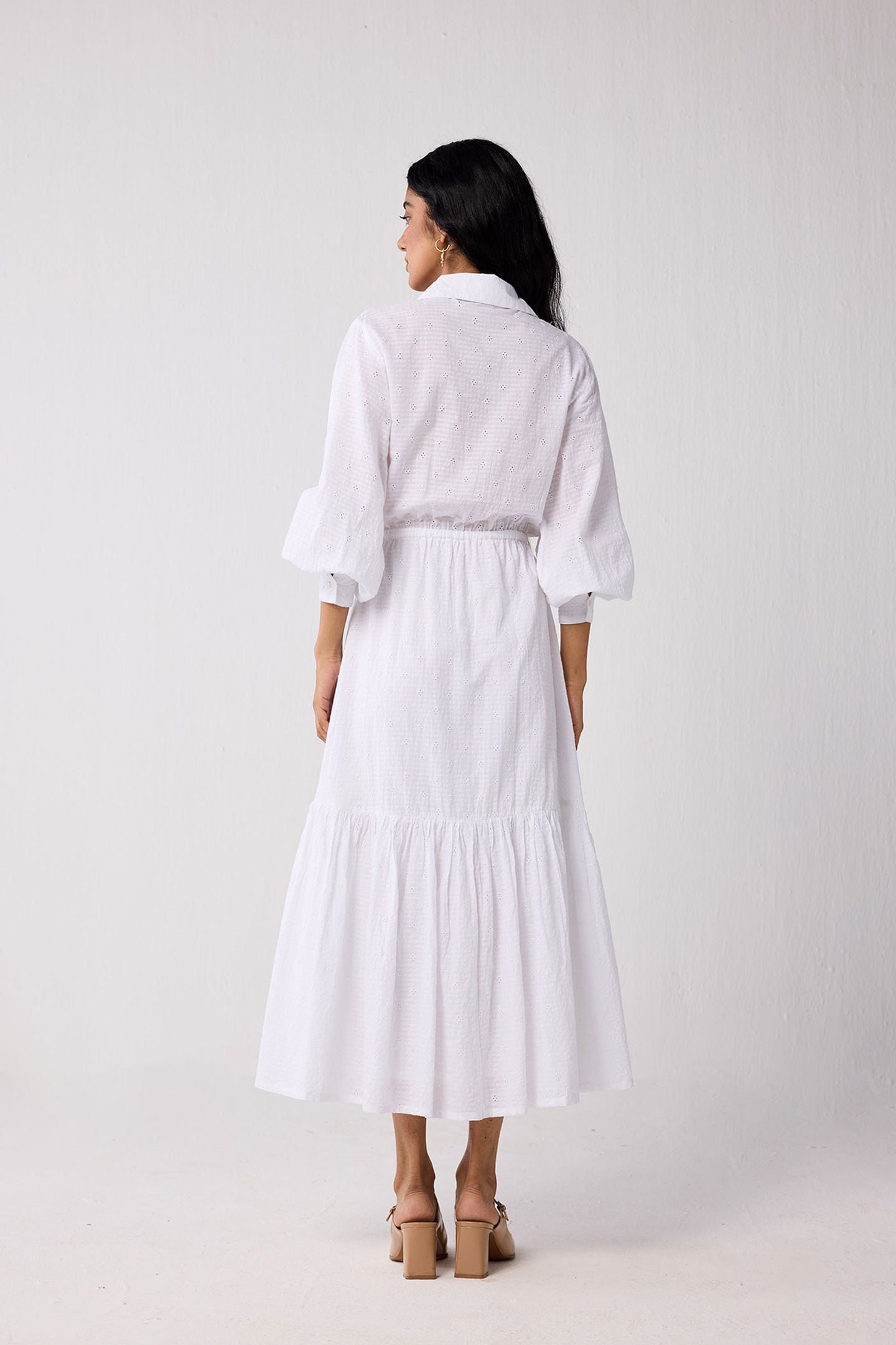 Embroidered Flowy Maxi Tiered Dress in White