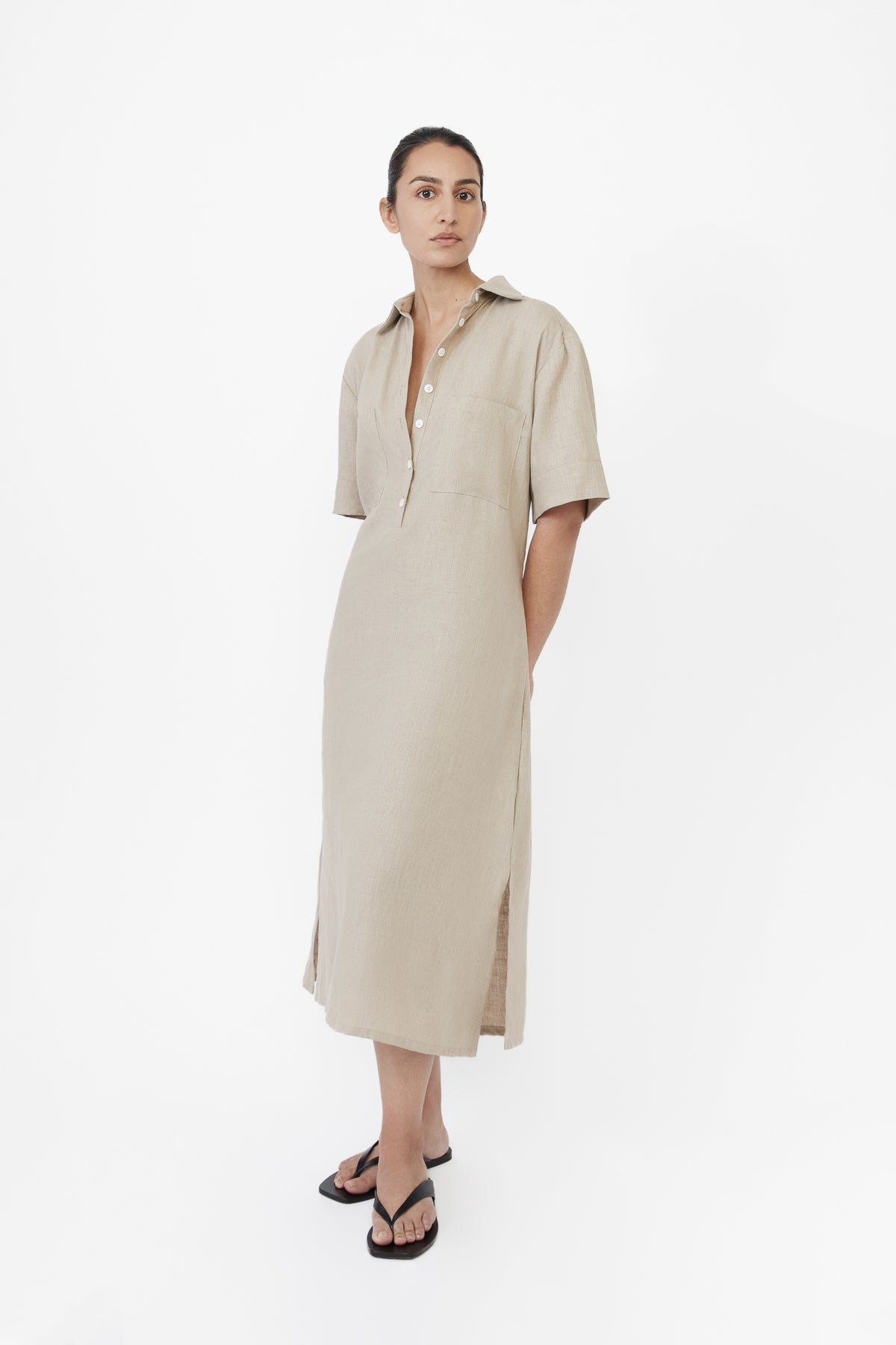 Linen Midi Shirtdress in Oat Oat / XL Linen Midi Shirtdress in Oat Oat / XL
