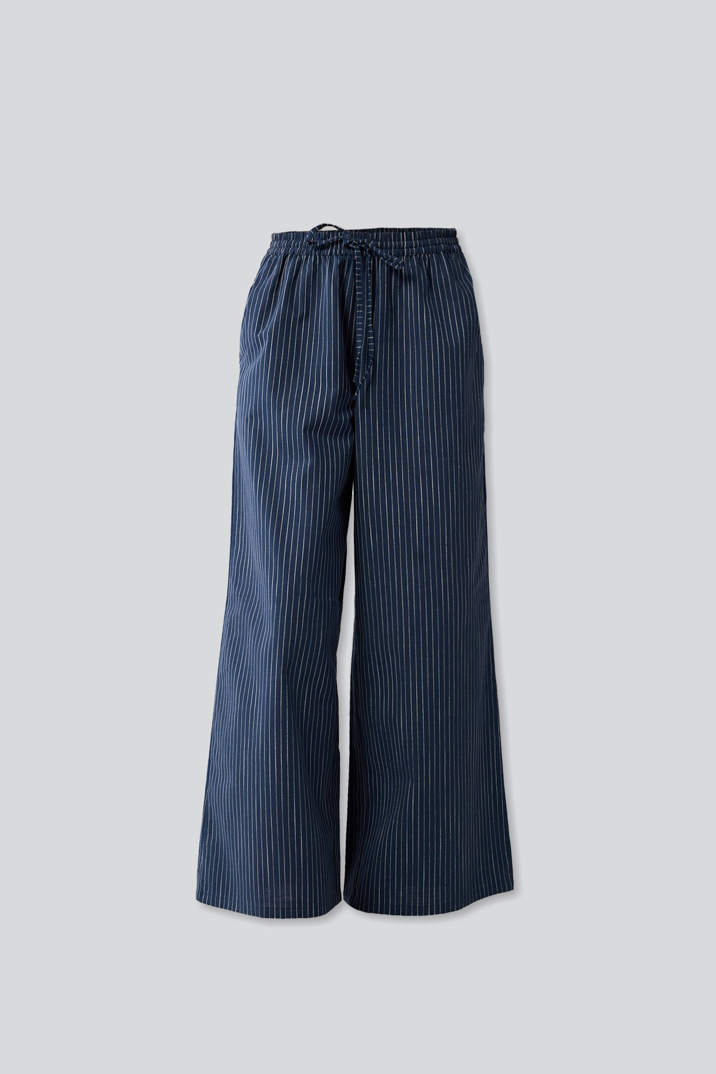 Wide-leg Drawstring Pants with Navy and White Stripes in Blue